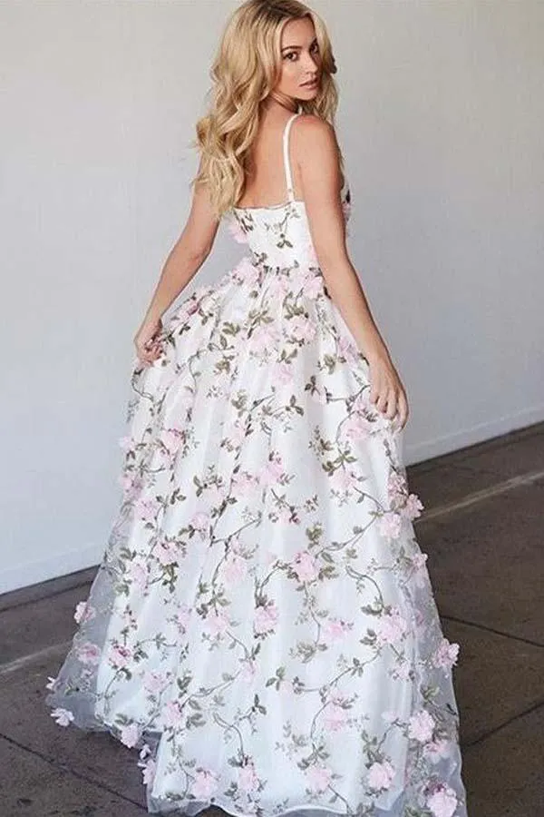 A-Line Deep V-Neck Sweep Train Pink Tulle Prom Dress with Flowers PG777