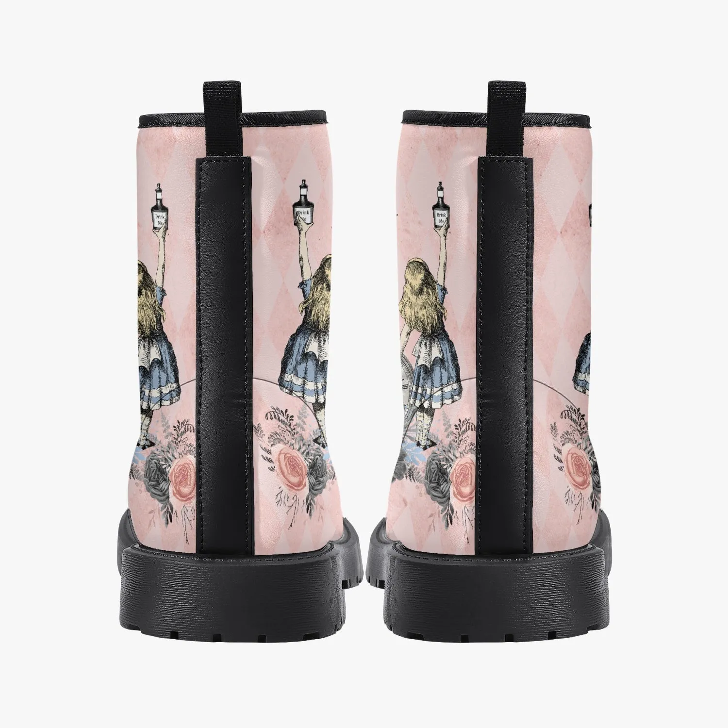 Alice in Wonderland Pink Combat Boots - Alice "Drink Me" Pastel Goth Festival Boots (JPREG5)