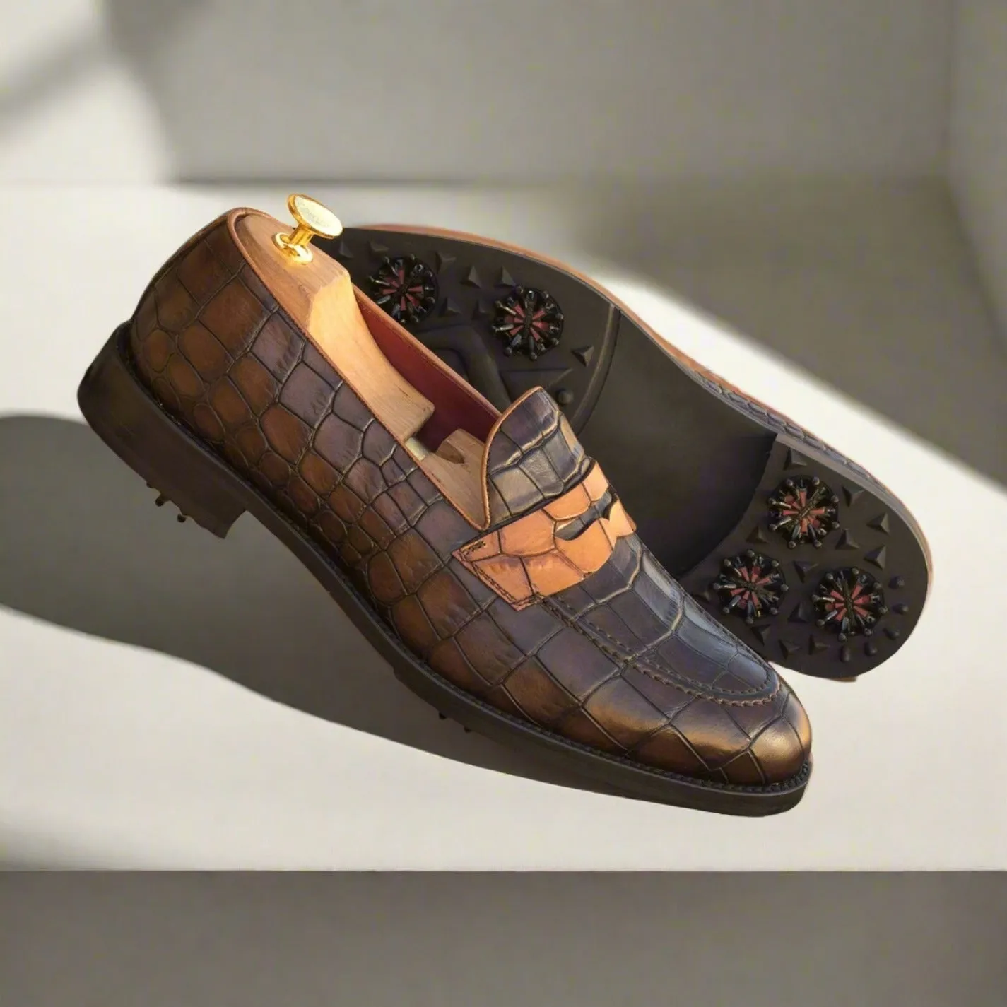 Ambrogio Men's Shoes Two-Tone Brown Crocodile Print / Calf-Skin Leather Penny Loafers (AMB2057)