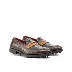 Ambrogio Men's Shoes Two-Tone Brown Crocodile Print / Calf-Skin Leather Penny Loafers (AMB2057)