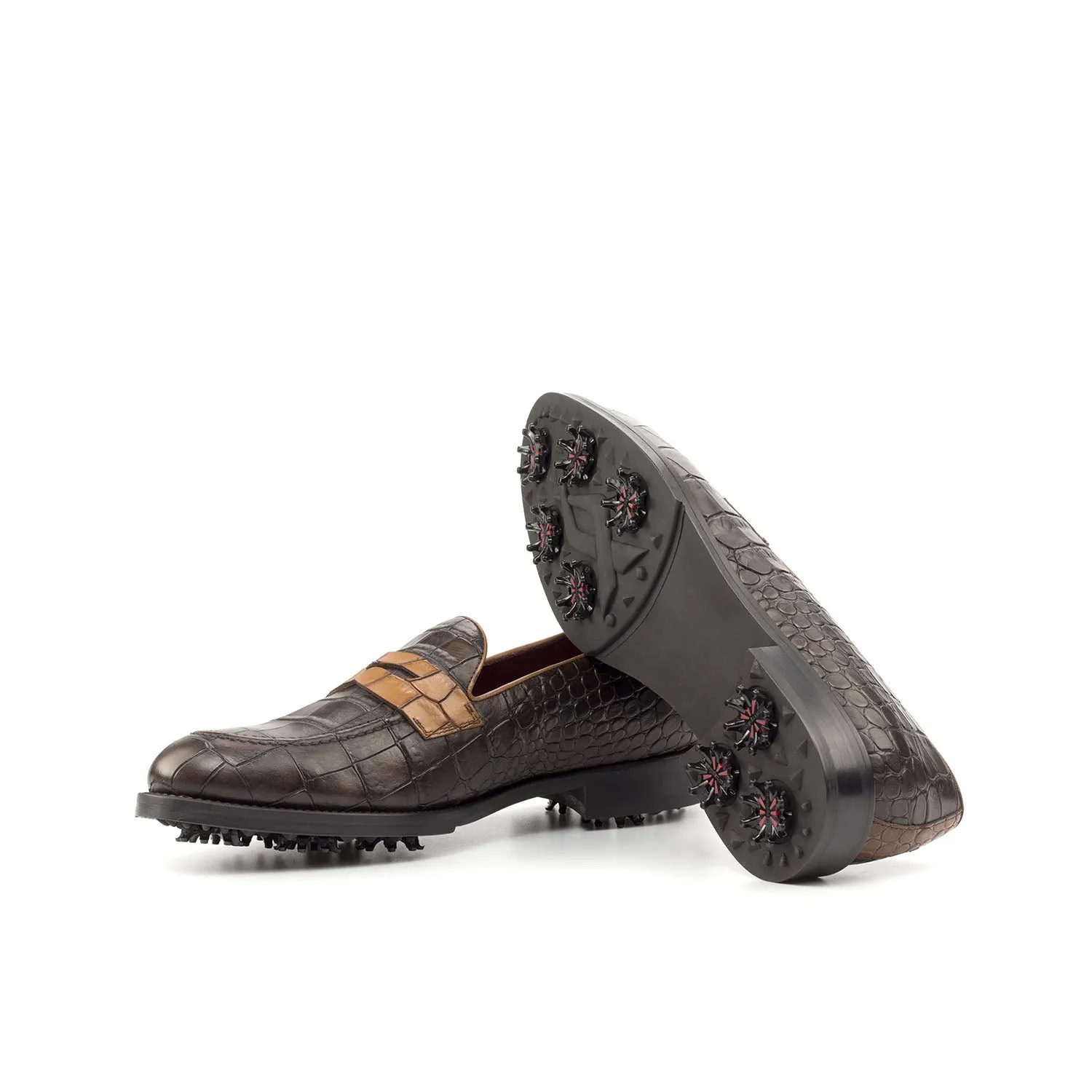 Ambrogio Men's Shoes Two-Tone Brown Crocodile Print / Calf-Skin Leather Penny Loafers (AMB2057)