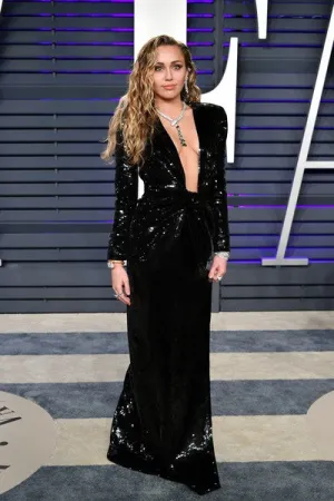 Black Milly Cyrus Sexy Long Sleeves Low Neck Dress Sequins Sparkly Prom Celebrity Formal Dress Vanity Fair Oscar