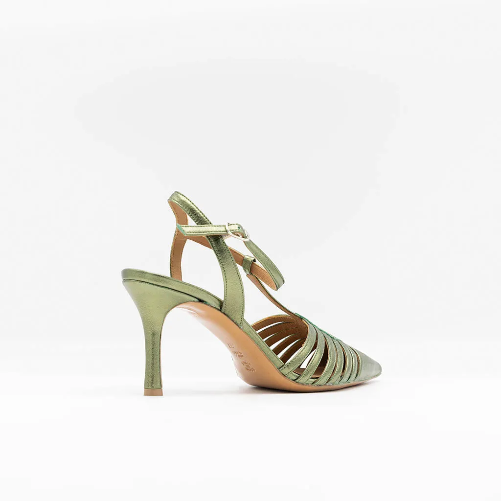 Caged Point-toe Green Metallic Sandal