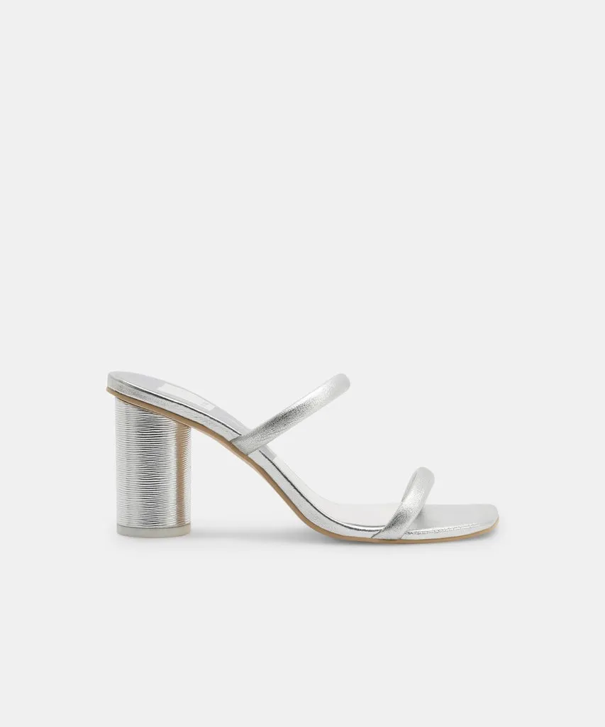 Dolce Vita Noles Silver Leather Slip On Square Open Toe Strappy Heeled Sandals