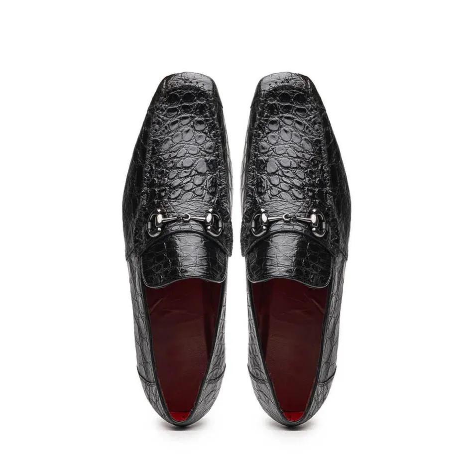 Marco Di Milano Landro Men's Shoes Black Exotic Crocodile Horsebit Loafers