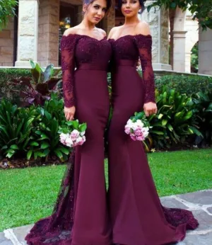 Mermaid Bridesmaid Dress, Burgundy Lace Beading Bridesmaid Dresses