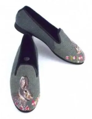 Misses Hand Stitched Bunny on Sage Needlepoint Loafer