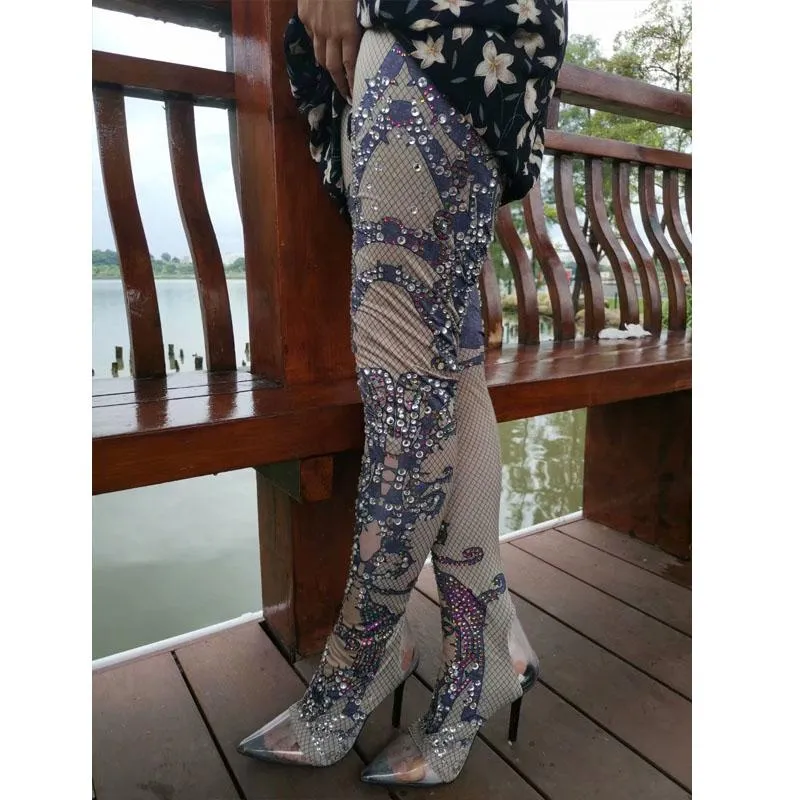 Party Rhinestone High Heel Clear Toe Tight High Boots