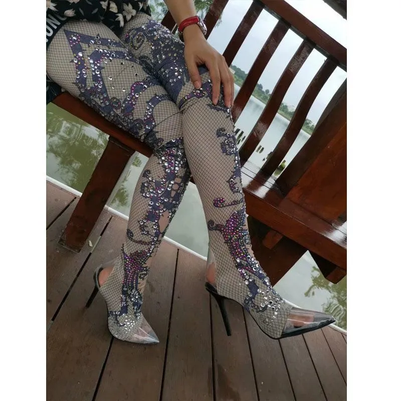 Party Rhinestone High Heel Clear Toe Tight High Boots