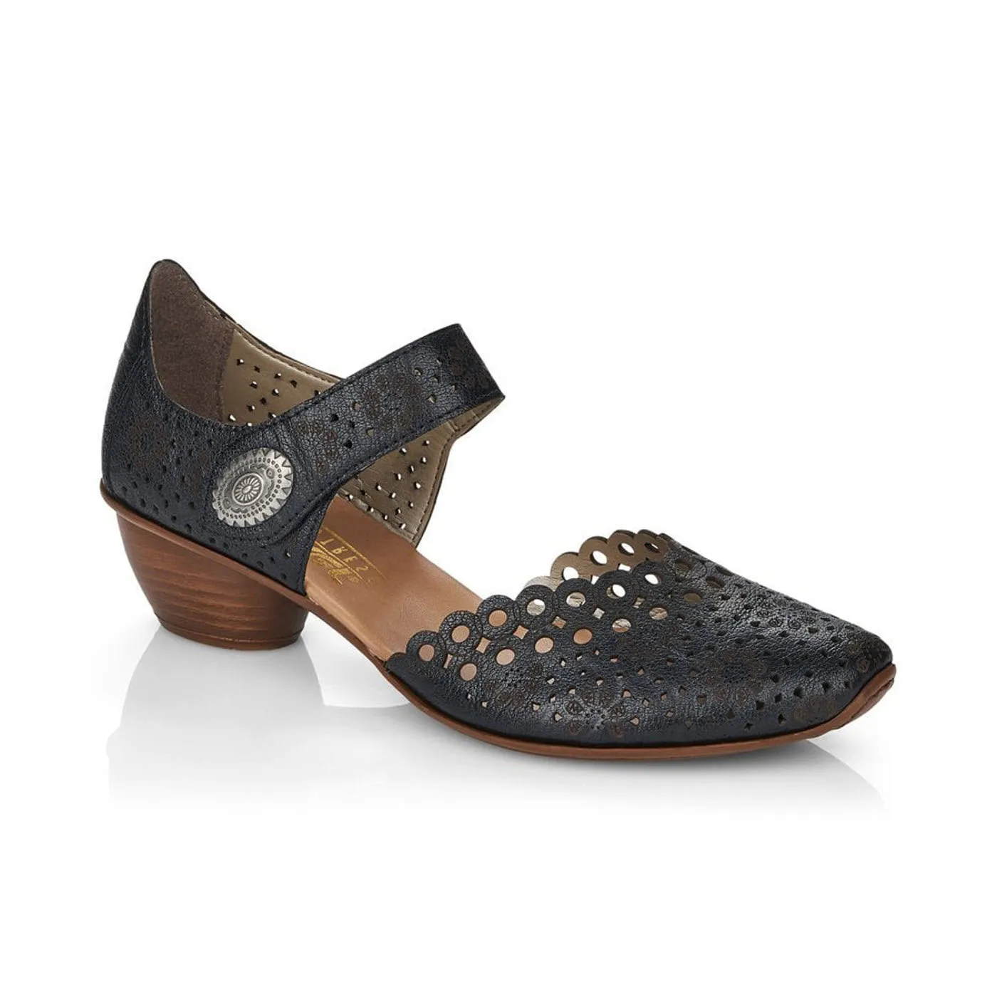 RIEKER PERFED MARY JANE KITTEN HEEL BLACK - WOMENS