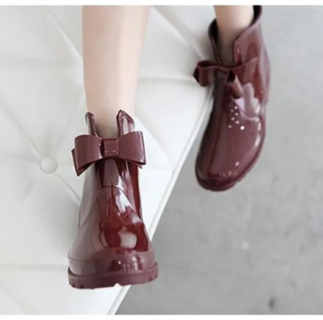 Rouroliu Bowtie Ankle Rain Boots Women Flat Heels