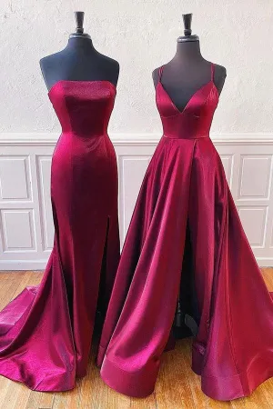 Strapless Burgundy Split Prom Evening Dress With Sweep Train PSK123