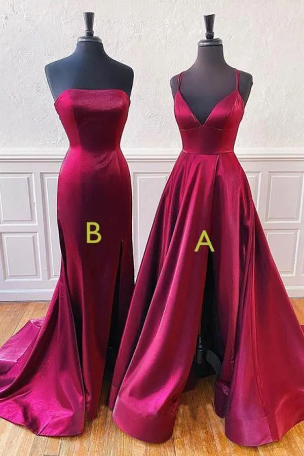 Strapless Burgundy Split Prom Evening Dress With Sweep Train PSK123