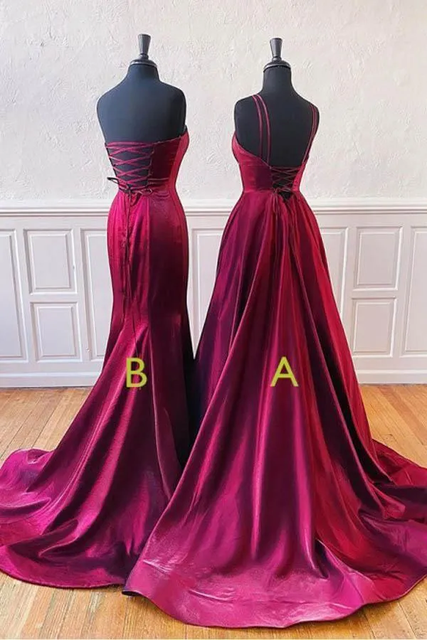 Strapless Burgundy Split Prom Evening Dress With Sweep Train PSK123