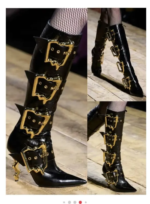 Women’s Black Patent Knee Length Side Buckle Boots with Gold Accents