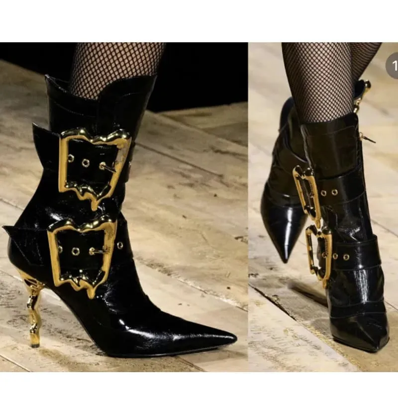 Women’s Black Patent Knee Length Side Buckle Boots with Gold Accents