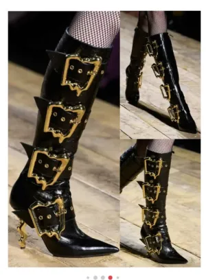 Women’s Black Patent Knee Length Side Buckle Boots with Gold Accents