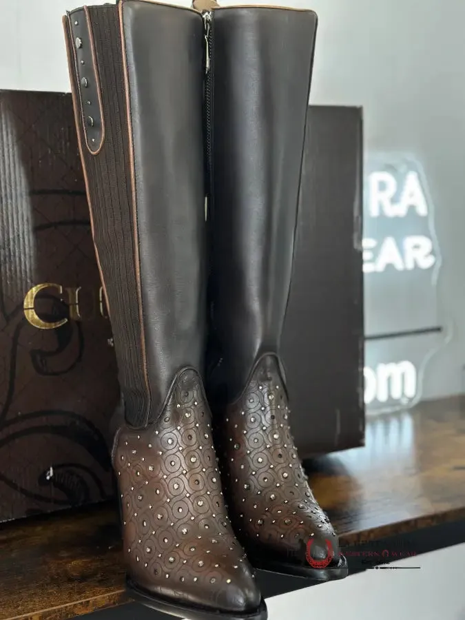WOMENS CUADRA RES CRUST MAPLE ZIPPER & STUDS & LASER ROUND TOE TALL BOOT CU759